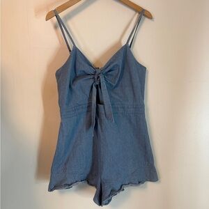 Hem & Thread Denim Chambray Adjustable Strap Romper Medium Ruffle Legs Tie Front